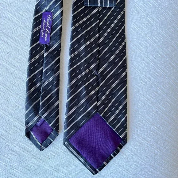 Ralph Lauren purple label black white stripe silk tie made in
